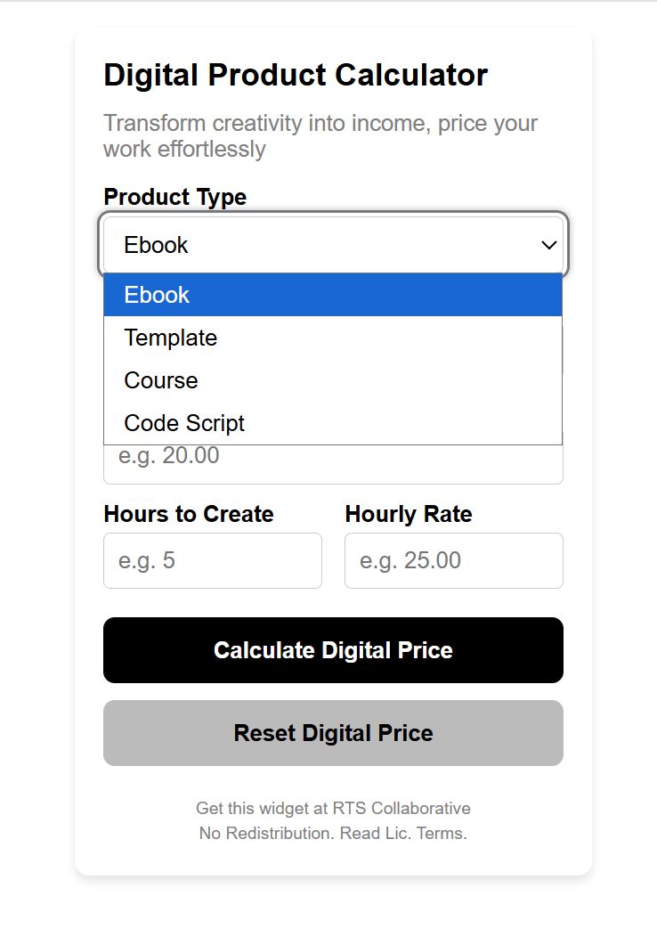Digital Product Calculator Widget Plugin