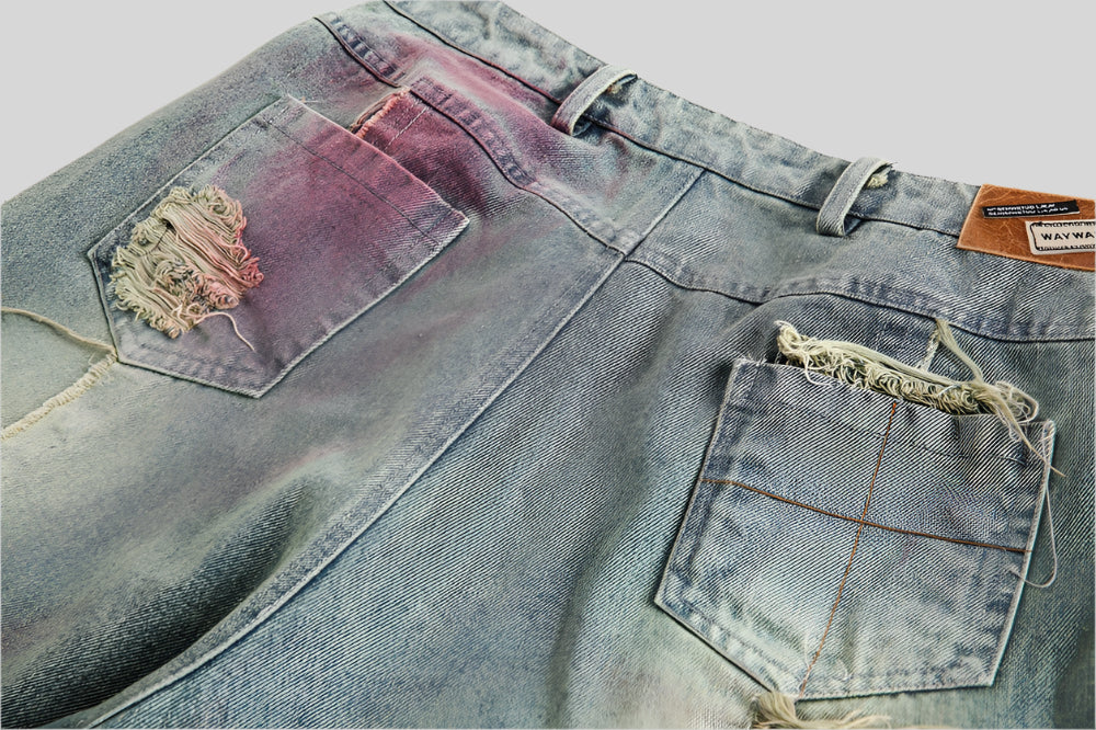 Ripped Washed Spray-Painted Denim Shorts - RUN THE STREETS COLLABORATIVE