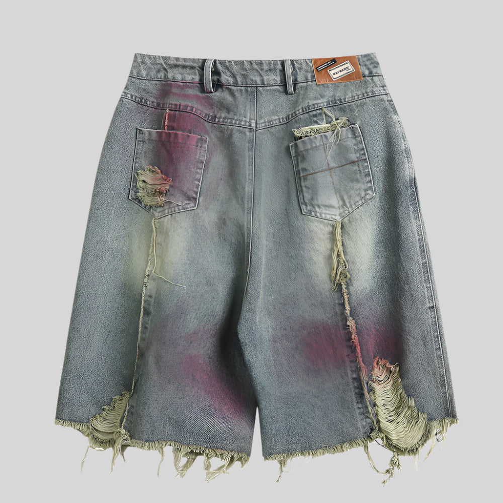 Ripped Washed Spray-Painted Denim Shorts - RUN THE STREETS COLLABORATIVE