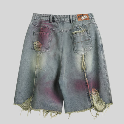 Ripped Washed Spray-Painted Denim Shorts - RUN THE STREETS COLLABORATIVE