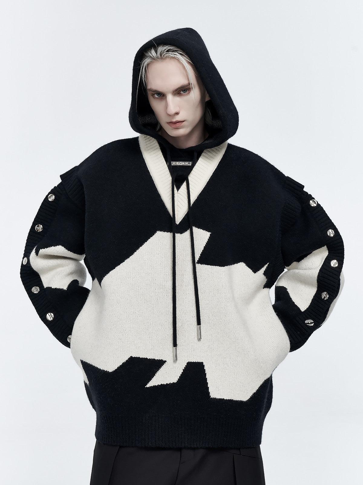 Abstract Snap-Detail Hooded Sweater