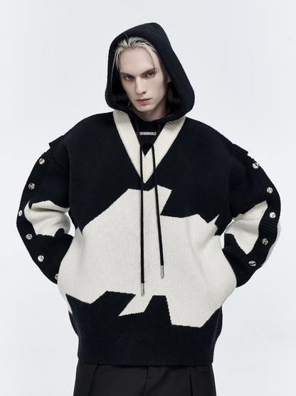 Abstract Snap-Detail Hooded Sweater