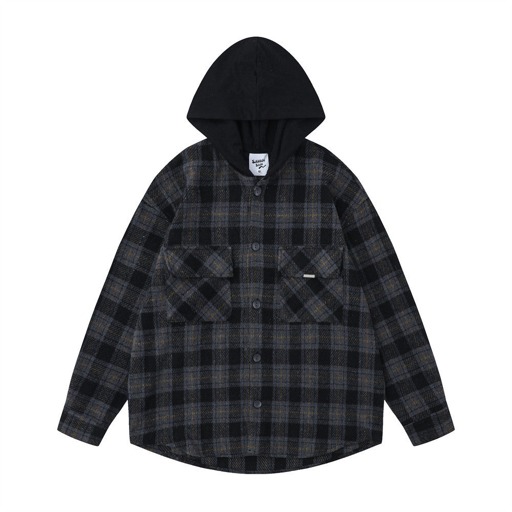 Hooded Plaid Button Shirt