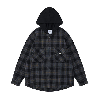 Hooded Plaid Button Shirt