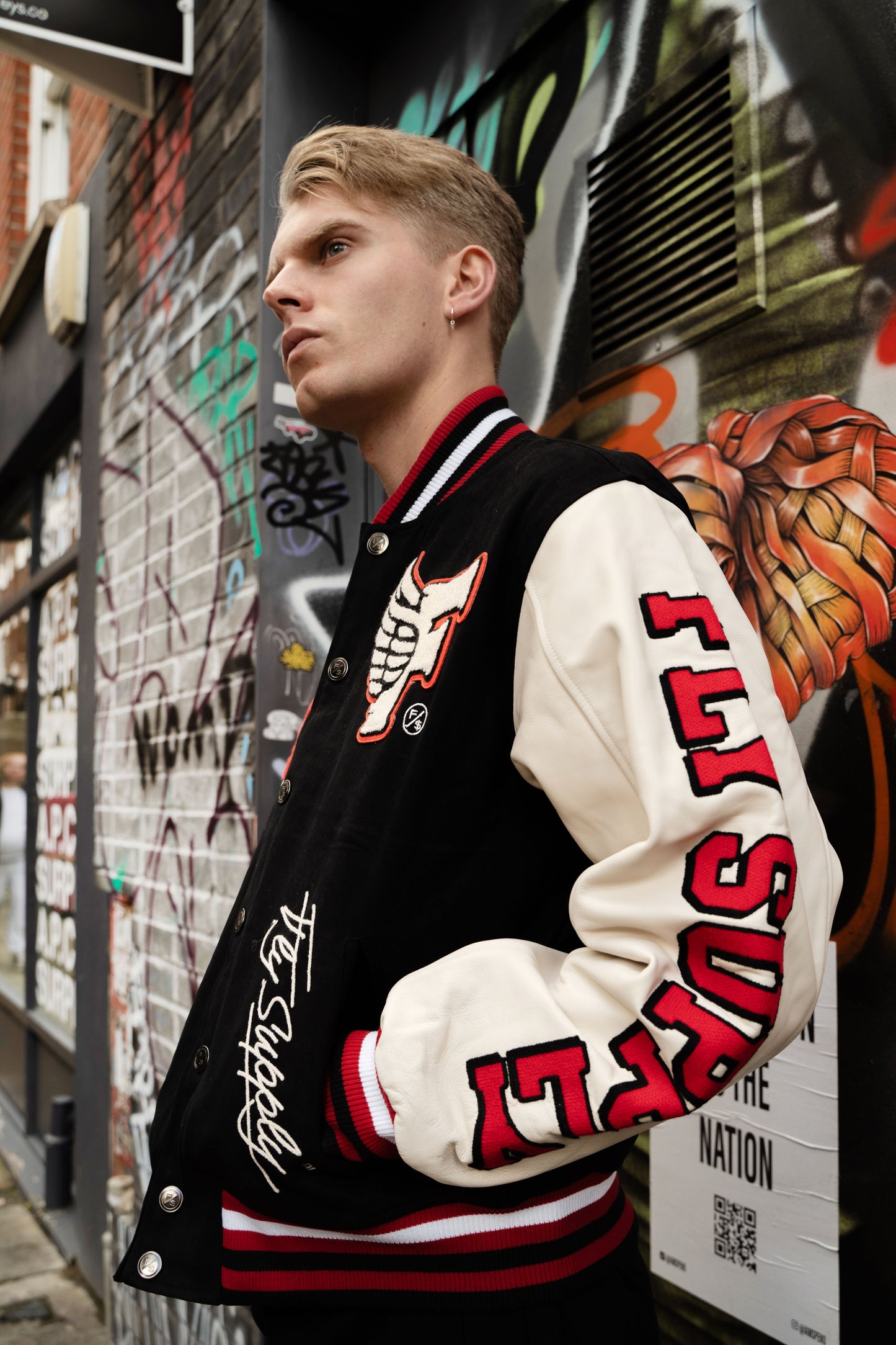 Manifest Varsity Jacket (Black) - RUN THE STREETS COLLABORATIVE
