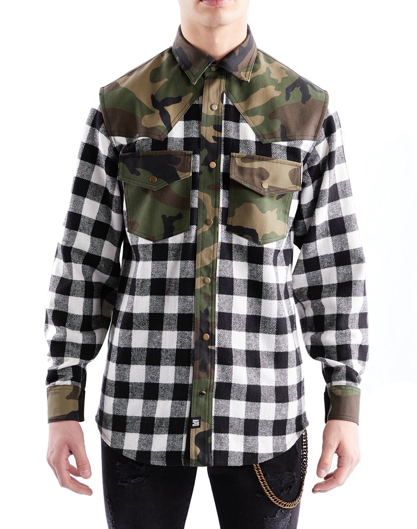 Western Shirt in Black Checked Flannel and Camo - RUN THE STREETS COLLABORATIVE