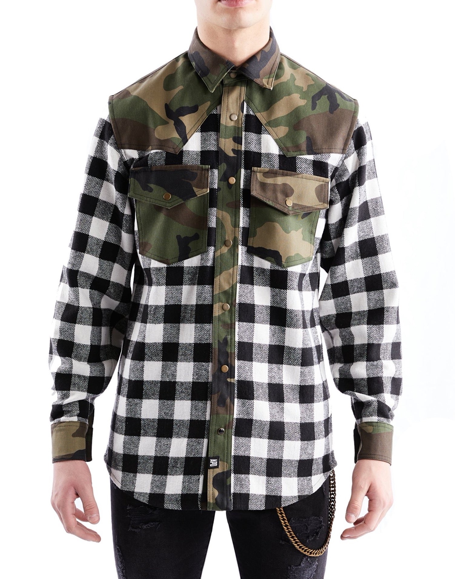 Western Shirt in Black Checked Flannel and Camo - RUN THE STREETS COLLABORATIVE
