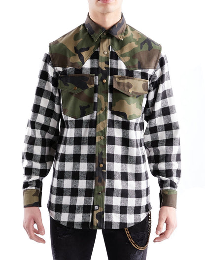 Western Shirt in Black Checked Flannel and Camo - RUN THE STREETS COLLABORATIVE