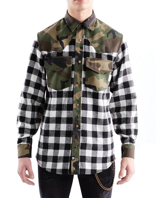Western Shirt in Black Checked Flannel and Camo - RUN THE STREETS COLLABORATIVE