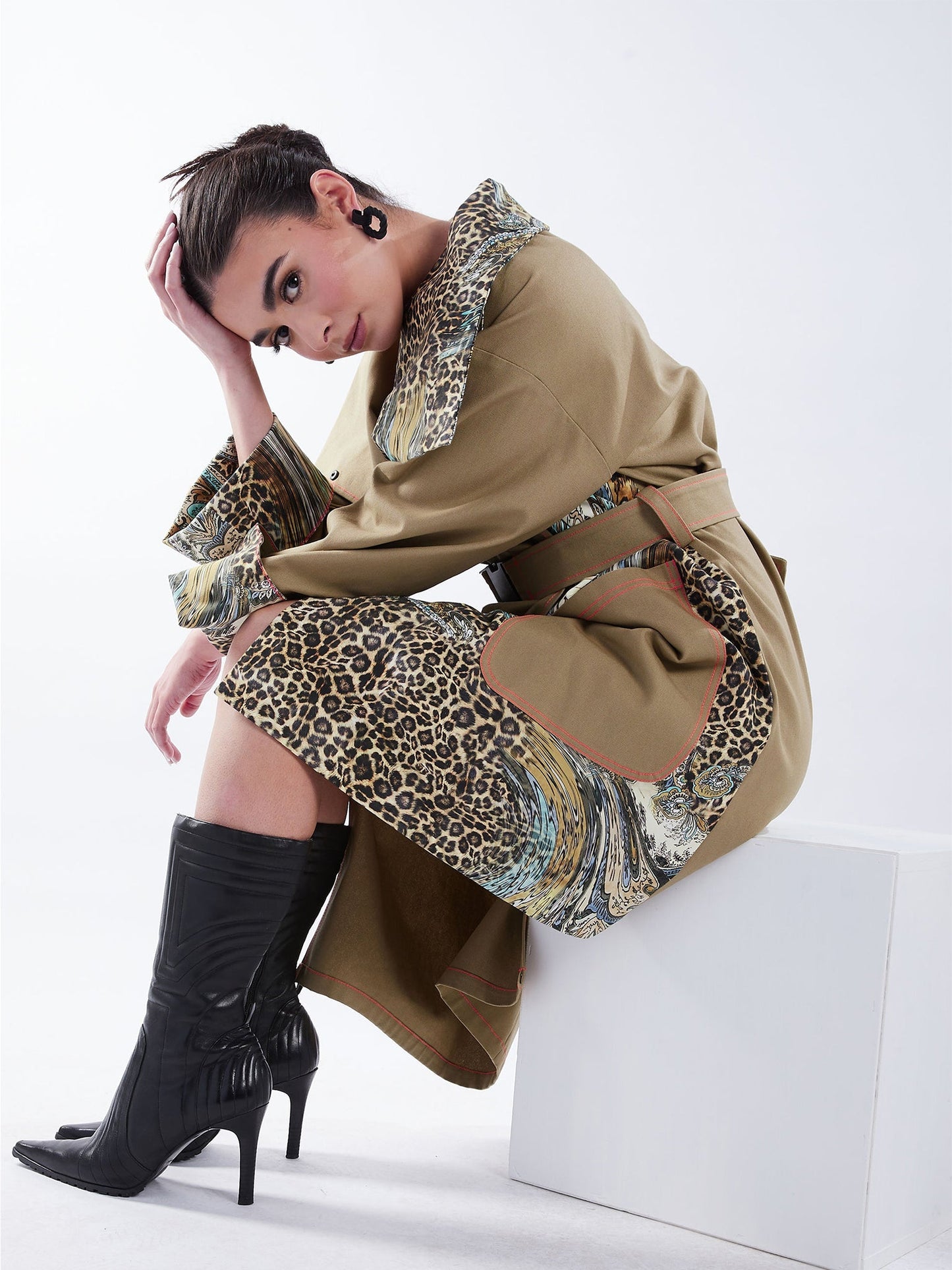 Asymmetric Trench Coat in Tan Duck and Leopard Paisley Print - RUN THE STREETS COLLABORATIVE