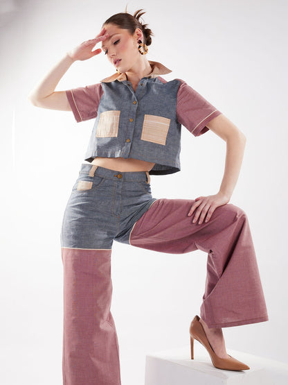 Cropped Button-Down Shirt in Blue and Red Chambray - RUN THE STREETS COLLABORATIVE