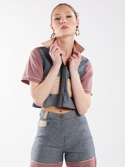 Cropped Button-Down Shirt in Blue and Red Chambray - RUN THE STREETS COLLABORATIVE