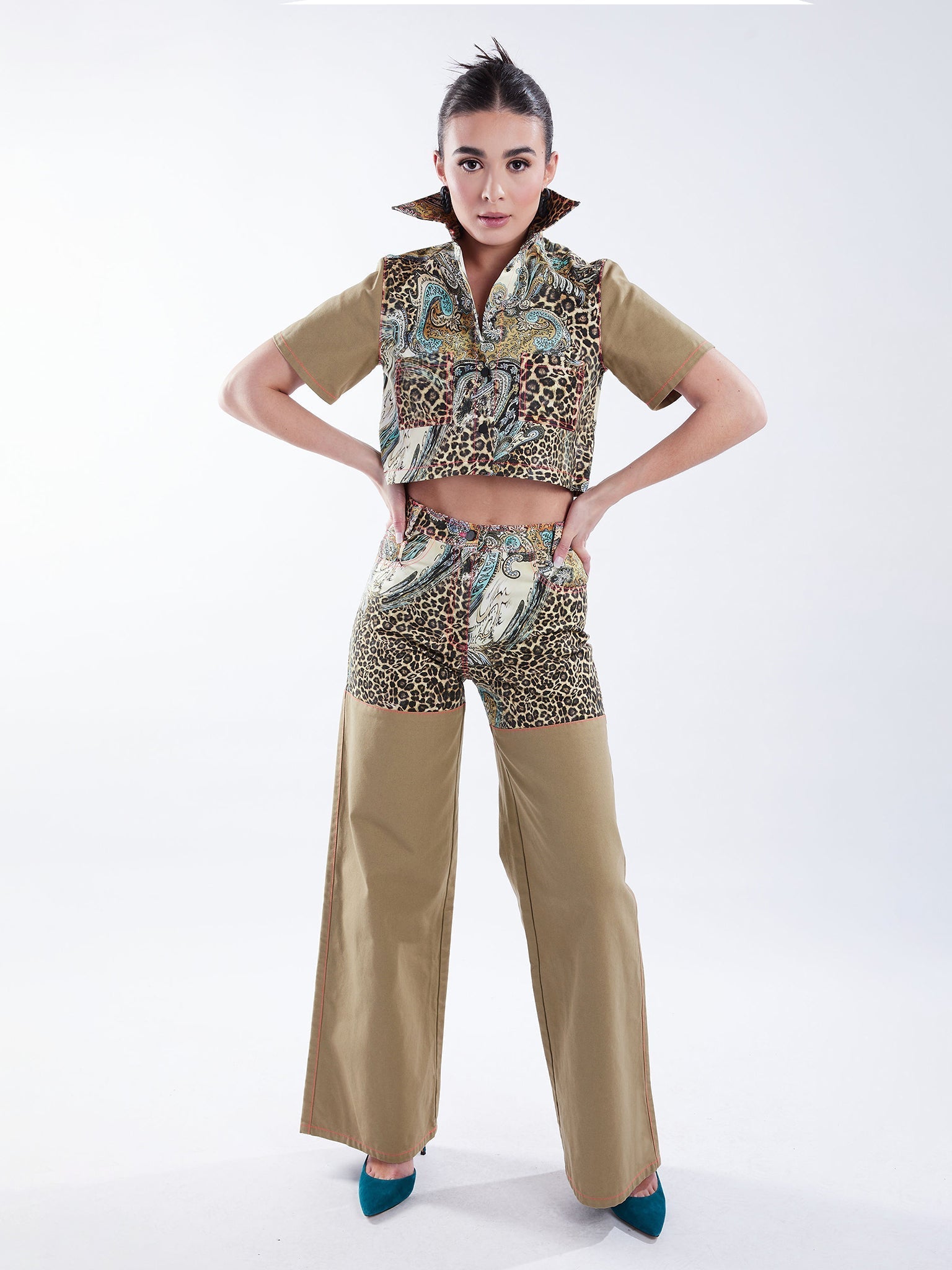 Cropped Button-Down Shirt in Tan and Leopard Paisley - RUN THE STREETS COLLABORATIVE