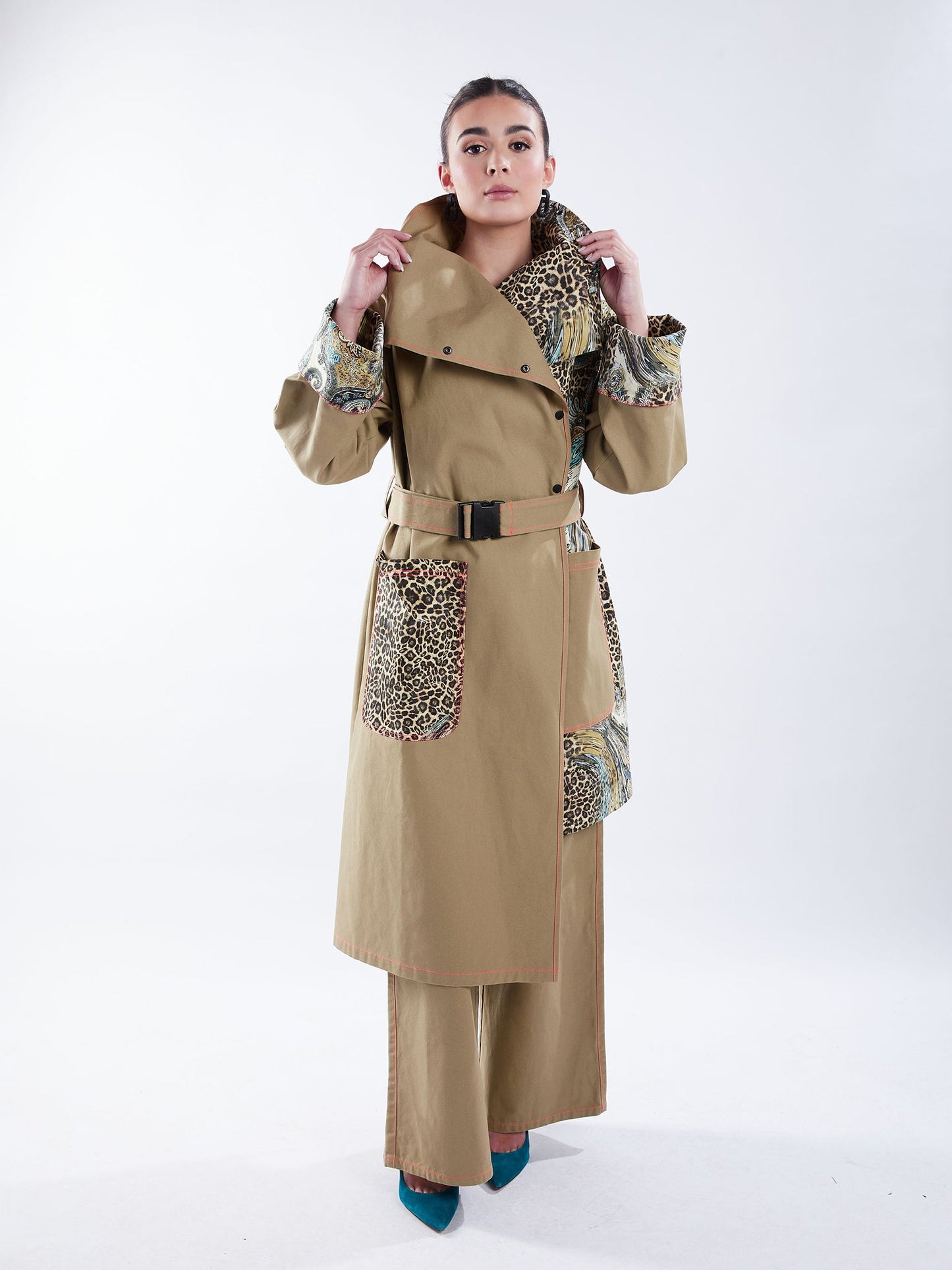 Asymmetric Trench Coat in Tan Duck and Leopard Paisley Print - RUN THE STREETS COLLABORATIVE
