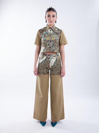 Cropped Button-Down Shirt in Tan and Leopard Paisley - RUN THE STREETS COLLABORATIVE
