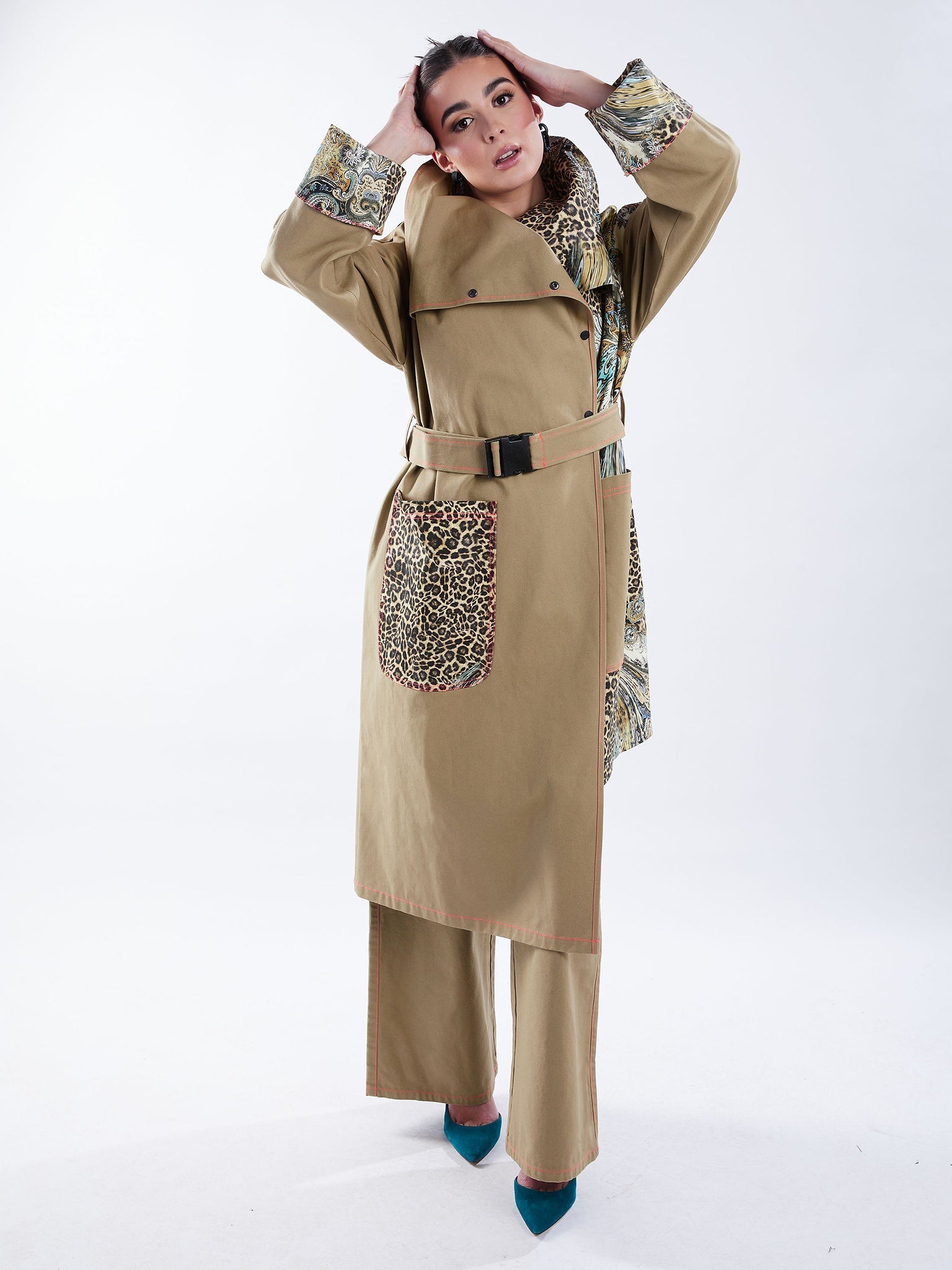 Asymmetric Trench Coat in Tan Duck and Leopard Paisley Print - RUN THE STREETS COLLABORATIVE