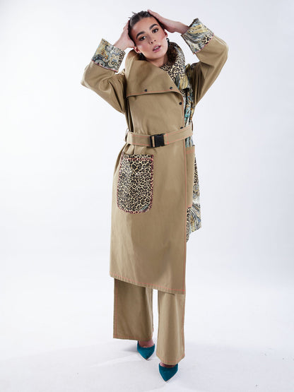 Asymmetric Trench Coat in Tan Duck and Leopard Paisley Print - RUN THE STREETS COLLABORATIVE