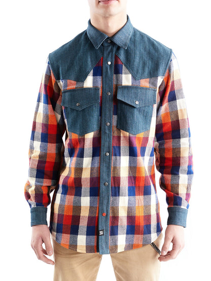 Western Shirt in Orange Checked Flannel and Denim - RUN THE STREETS COLLABORATIVE