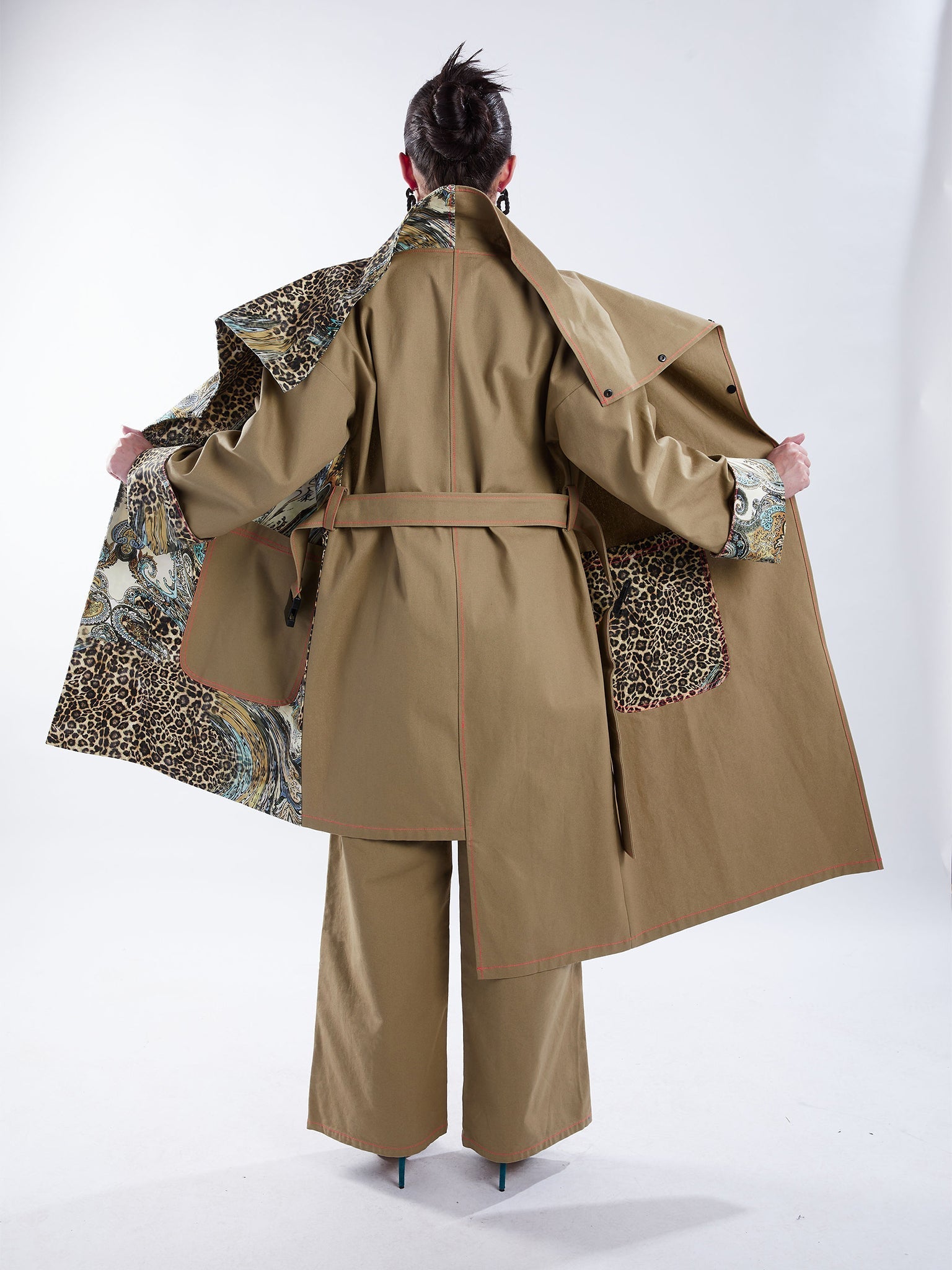 Asymmetric Trench Coat in Tan Duck and Leopard Paisley Print - RUN THE STREETS COLLABORATIVE