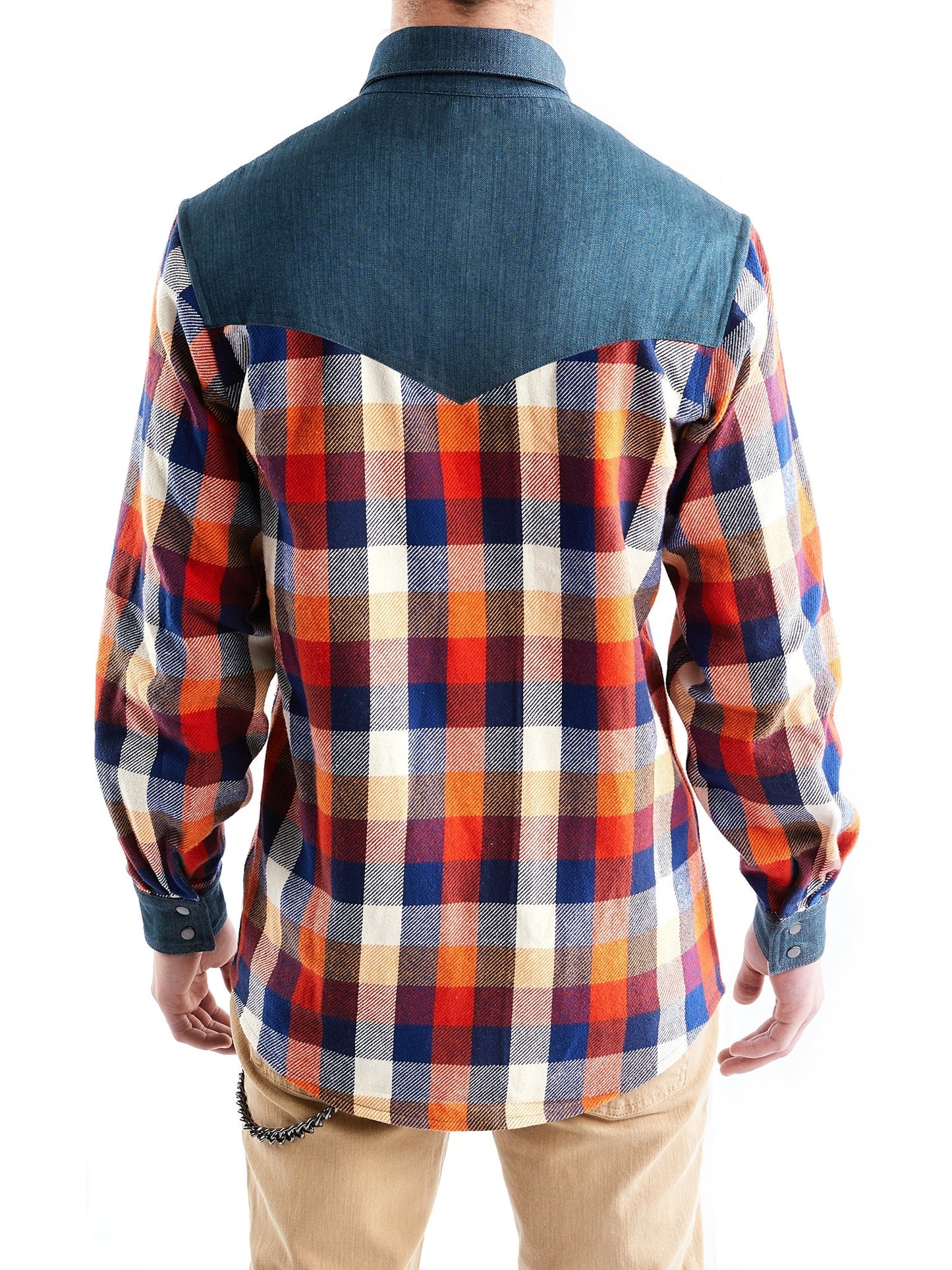 Western Shirt in Orange Checked Flannel and Denim - RUN THE STREETS COLLABORATIVE