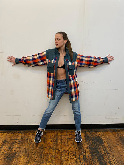 Western Shirt in Orange Checked Flannel and Denim - RUN THE STREETS COLLABORATIVE