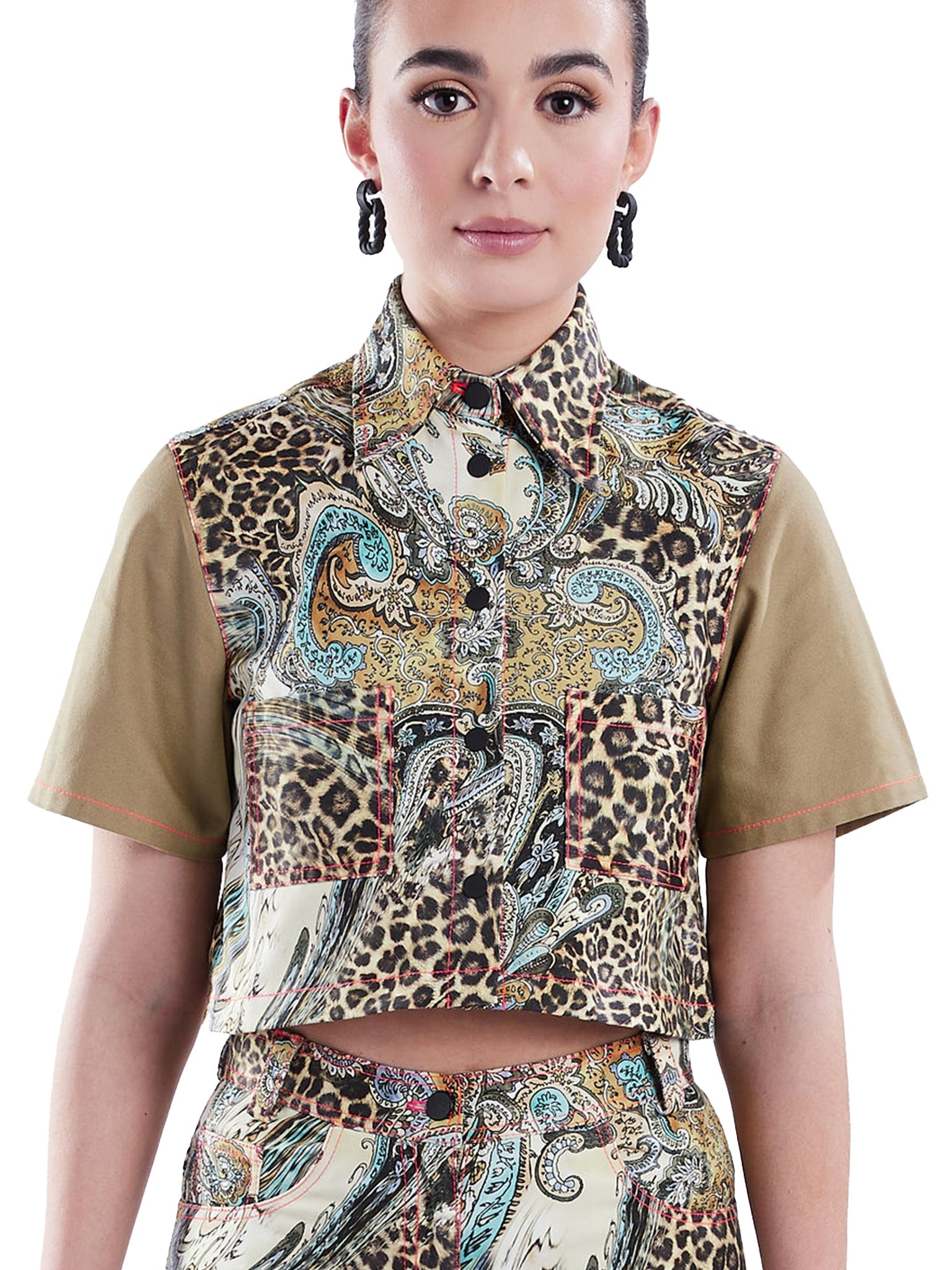 Cropped Button-Down Shirt in Tan and Leopard Paisley - RUN THE STREETS COLLABORATIVE