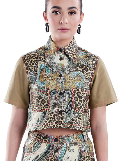 Cropped Button-Down Shirt in Tan and Leopard Paisley - RUN THE STREETS COLLABORATIVE