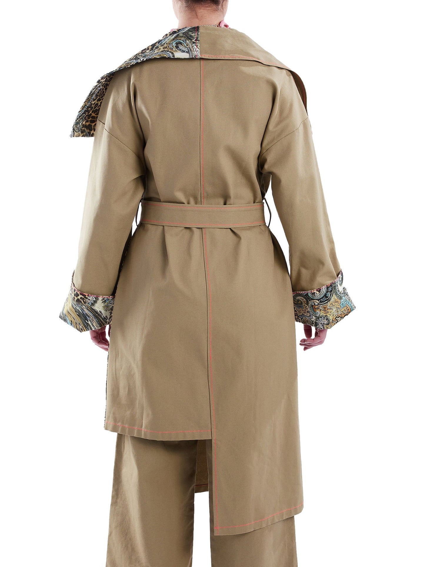 Asymmetric Trench Coat in Tan Duck and Leopard Paisley Print - RUN THE STREETS COLLABORATIVE