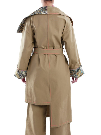 Asymmetric Trench Coat in Tan Duck and Leopard Paisley Print - RUN THE STREETS COLLABORATIVE
