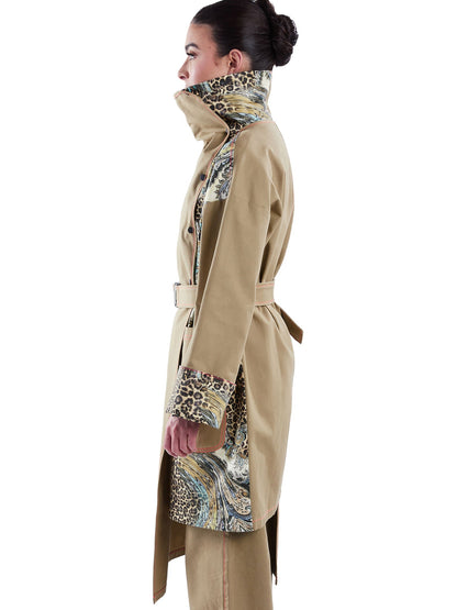 Asymmetric Trench Coat in Tan Duck and Leopard Paisley Print - RUN THE STREETS COLLABORATIVE