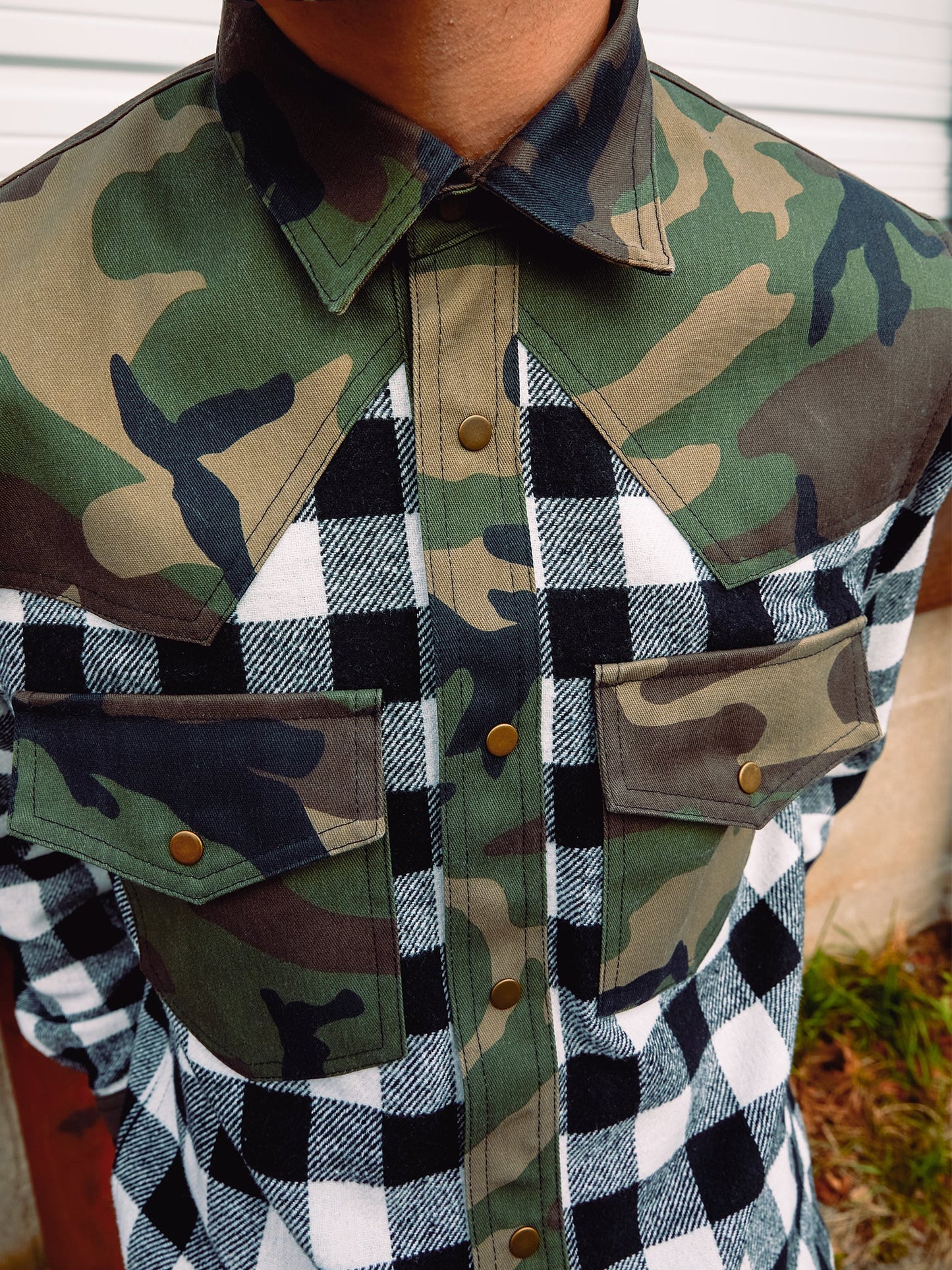 Western Shirt in Black Checked Flannel and Camo - RUN THE STREETS COLLABORATIVE