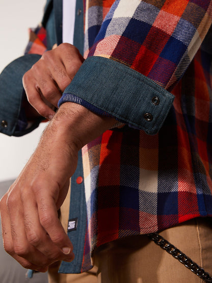 Western Shirt in Orange Checked Flannel and Denim - RUN THE STREETS COLLABORATIVE