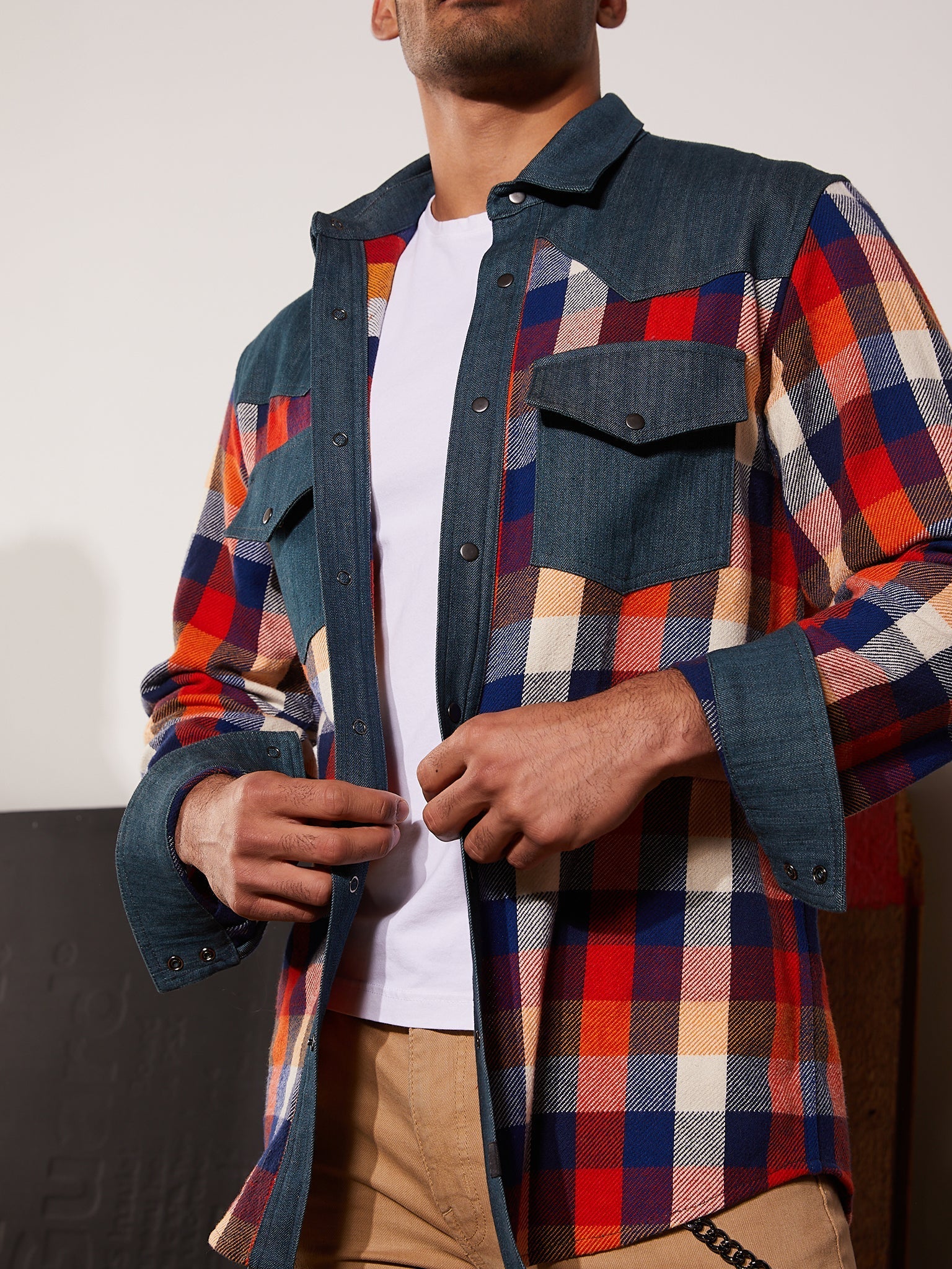 Western Shirt in Orange Checked Flannel and Denim - RUN THE STREETS COLLABORATIVE