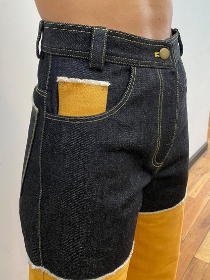 Wide Leg Pant in Black and Yellow Denim - RUN THE STREETS COLLABORATIVE